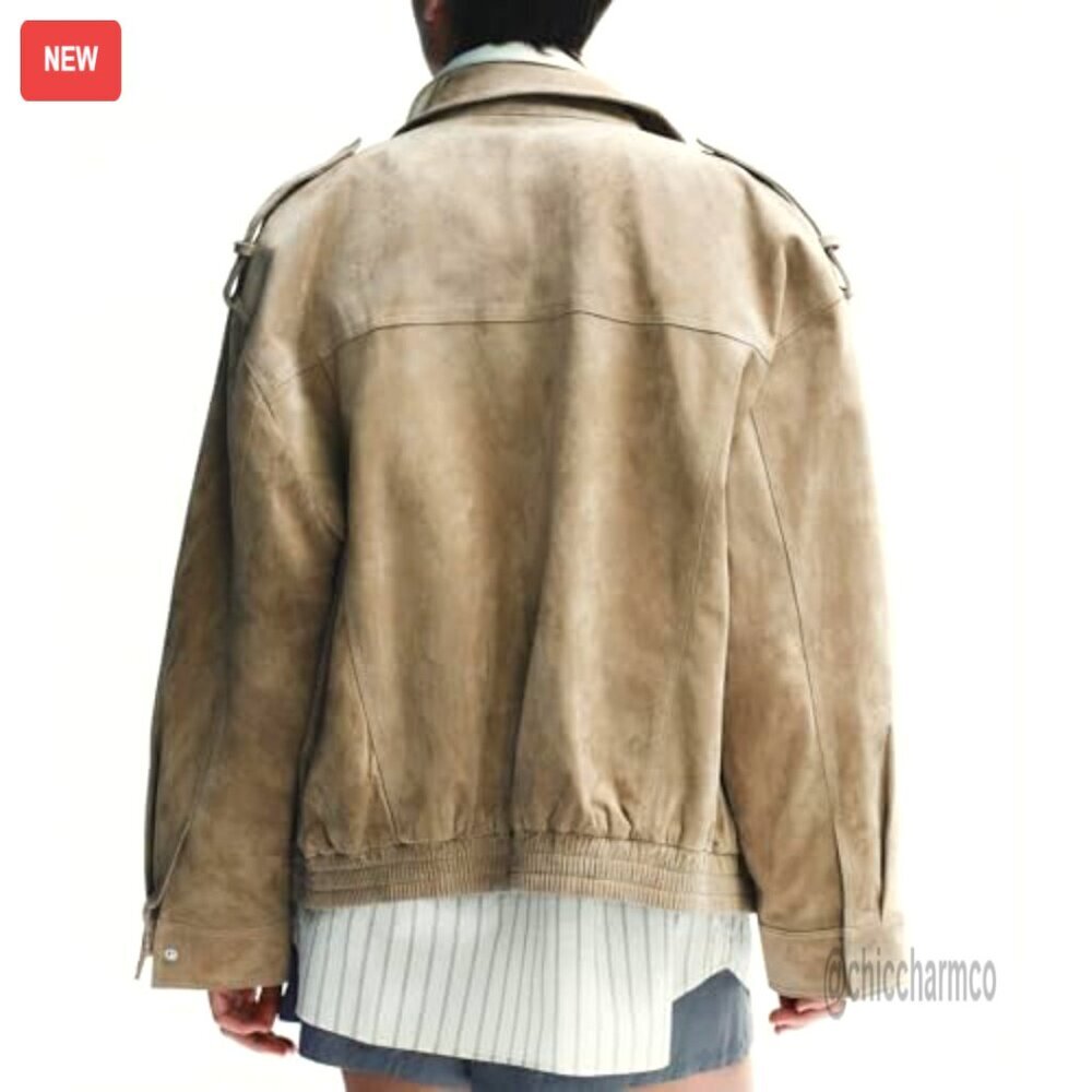 Oversized Faux Suede Bomber Jacket Y2K Chic Retro Blazer Style Zipper Lapel - Picture 3 of 7